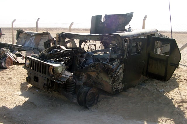 Humvee struck by an improvised explosive device attack in Iraq on 29 September 2004. Staff Sgt. Michael F. Barrett, a military policeman in Marine Wing Support Squadron 373, was severely injured in the attack.