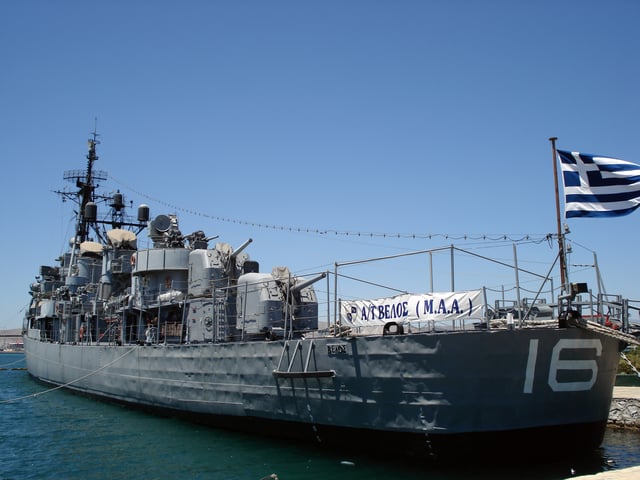 The destroyer Velos (Greek: Βέλος, "Arrow"), now a museum ship at Palaio Faliro in Athens.