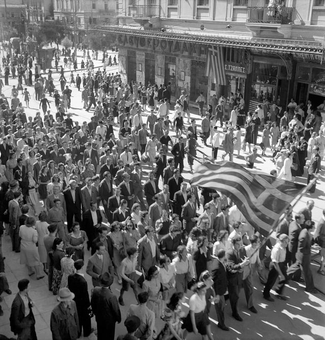 People in Athens celebrate the liberation from the Axis powers, October 1944. Postwar Greece would soon experience a civil war and political polarization.