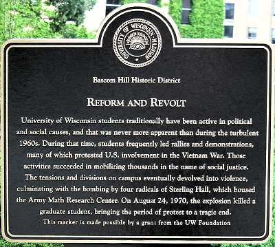 Historical marker near Sterling Hall commemorating fatal 1970 bombing