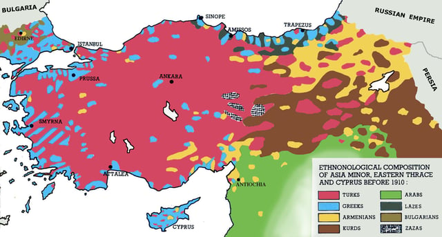 Ethnic map of Asia Minor depicting the Ottoman Greeks (blue) in 1910