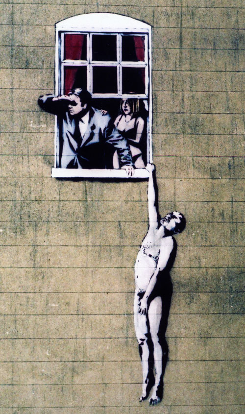 Naked Man image by Banksy, on the wall of a sexual health clinic in Park Street, Bristol. Following popular support, the City Council has decided it will be allowed to remain.  (wider view)