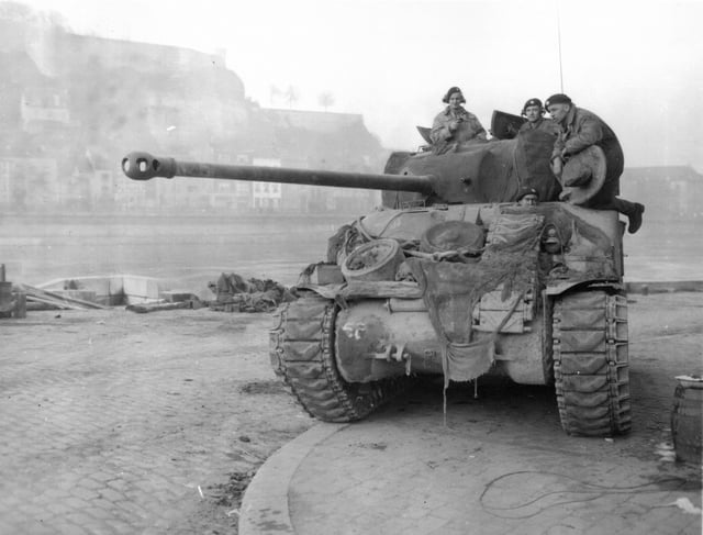 British Sherman "Firefly" tank in Namur on the Meuse River, December 1944