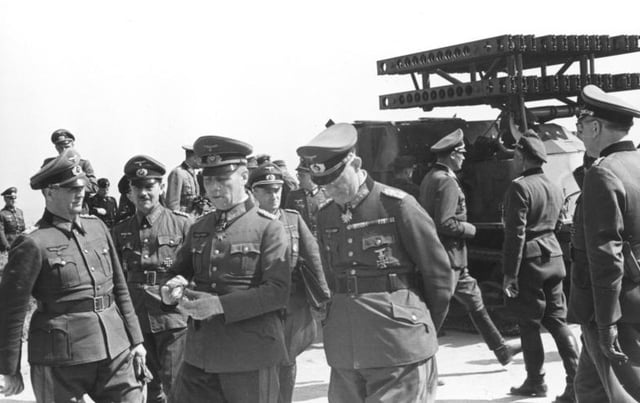 Inspecting 21st Panzer Division troops and a mule track carrier of the Nebelwerfer