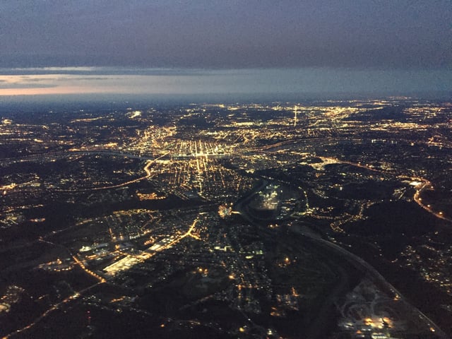 Aerial view of Cincinnati and Northern Kentucky at twilight