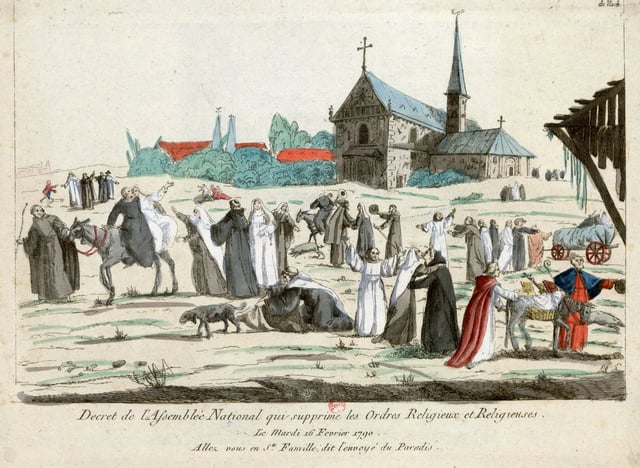 In this caricature, monks and nuns enjoy their new freedom after the decree of 16 February 1790.