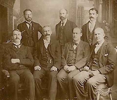 Rogers, Elliott, Keliher, Hogan, Burns, Goodwin and Debs, the seven ARU officers jailed following the loss of the 1894 Pullman Strike
