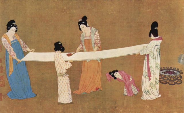 A painting depicting women inspecting silk, early 12th century, ink and color on silk, by Emperor Huizong of Song.