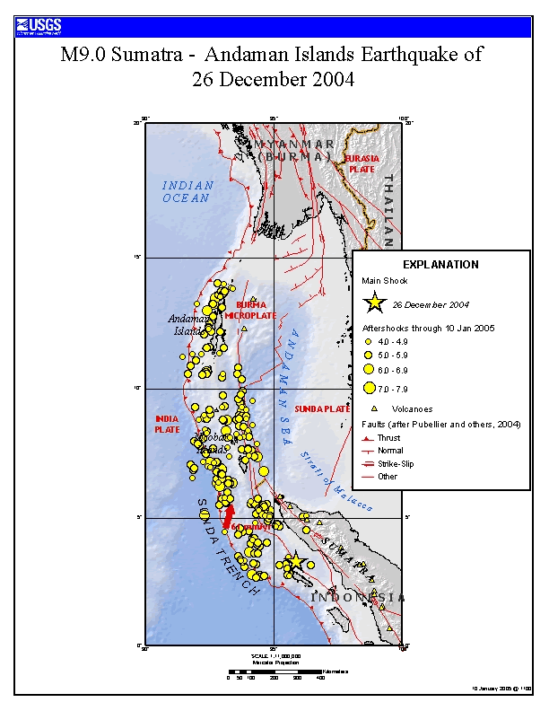 Initial earthquake and aftershocks measuring greater than 4.0 Mw  from 26 December 2004 to 10 January 2005