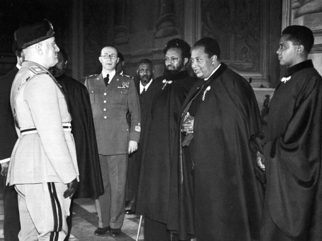 Ras Seyoum Mengesha, Ras Ghetacciù Abaté and Ras Kebbedé Guebret with Benito Mussolini on 6 February 1937 in Rome, Italy, after the Italian occupation of Ethiopia.
