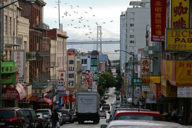 Street in Chinatown, San Francisco. Cantonese has traditionally been the dominant Chinese variant among Chinese populations in the Western world.