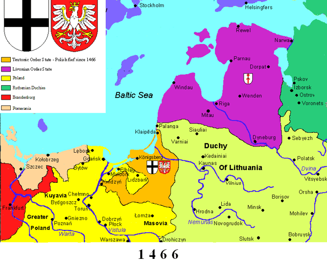 After the Second Peace of Thorn (1466). Teutonic Order state: orange