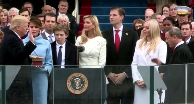 Donald Trump is sworn in as president on January 20, 2017: Trump, wife Melania, son Donald Jr., son Barron, daughter Ivanka, son Eric, and daughter Tiffany