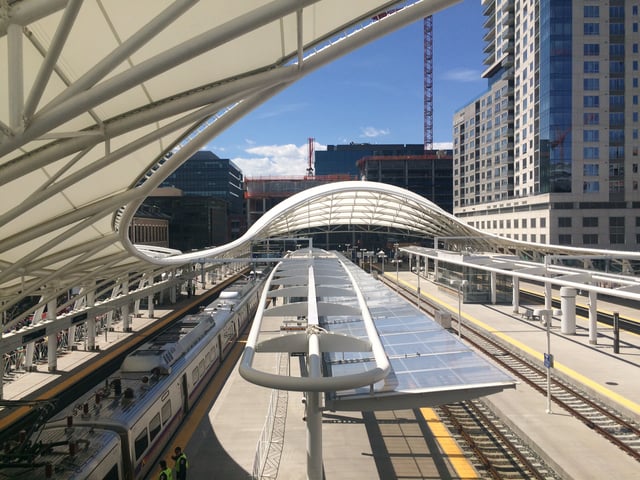 Union Station train shed, designed by Skidmore, Owings & Merrill, on opening day of the A line to DIA.