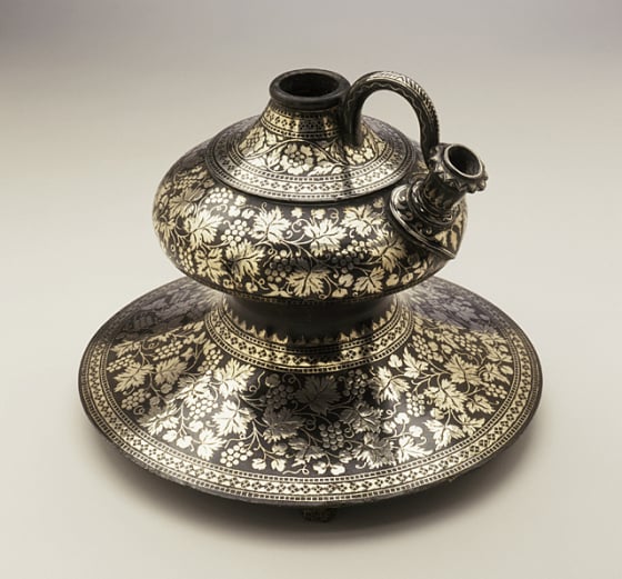 An 18th century Bidriware, water pipe base of Hookah, displayed at the Los Angeles County Museum of Art