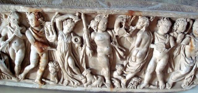 A 2nd-century Roman sarcophagus shows the mythology and symbolism of the Orphic and Dionysiac Mystery schools. Orpheus plays his lyre to the left.