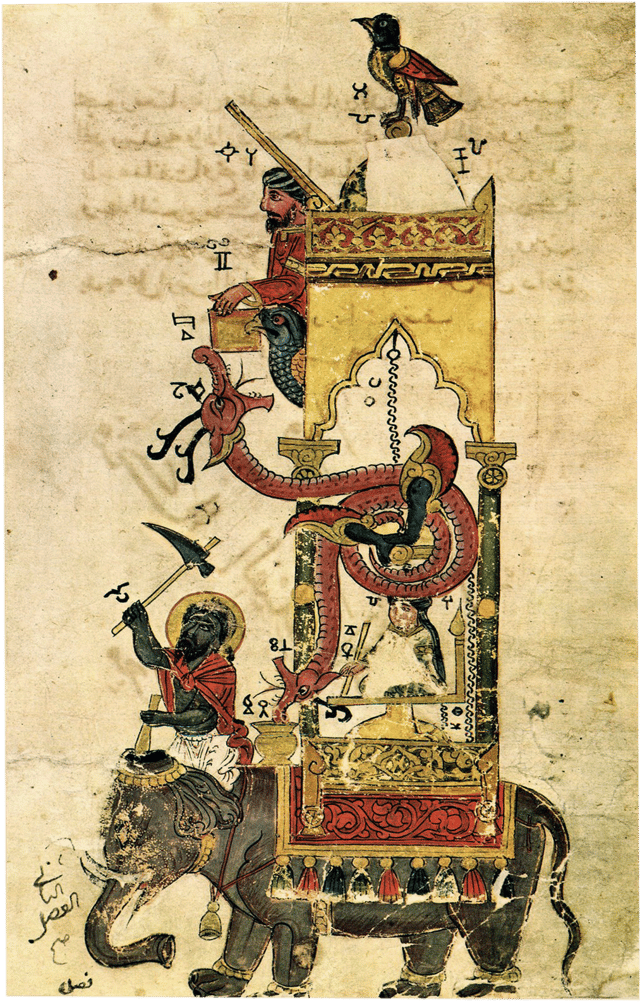 An elephant clock in a manuscript by Al-Jazari (1206 AD) from The Book of Knowledge of Ingenious Mechanical Devices.