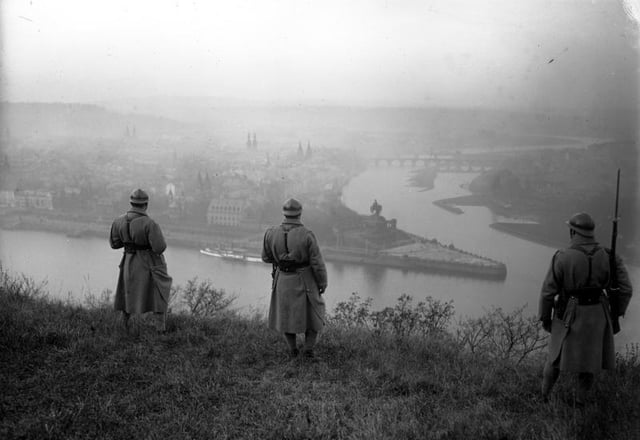 French soldiers observing the Rhine at Deutsches Eck, Koblenz, during the Occupation of the Rhineland