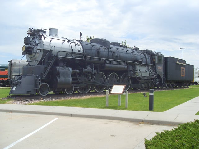 Chicago Burlington and Quincy Railroad steam locomotive #5633 built in 1940 at West Burlington, Iowa, in service until 1956, and has been on display since 1962 in Douglas, Wyoming