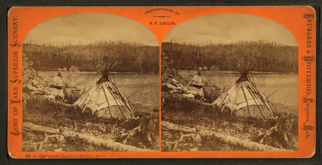 Vintage stereoscopic photo entitled "Chippewa lodges, Beaver Bay, by Childs, B. F."
