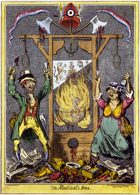 English cartoon attacking the excesses of the Revolution as symbolised by the guillotine; between 18,000 and 40,000 people were executed during the Reign of Terror.