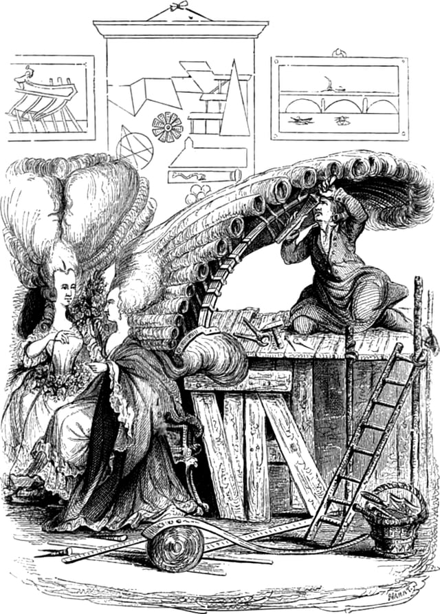A caricature of a French hairdresser at the Académie de Coiffure, working on a large hairstyle, fashionable of the time, in the 18th century.