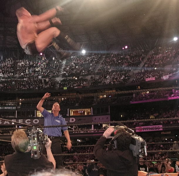 Lesnar attempting a shooting star press at WrestleMania XIX