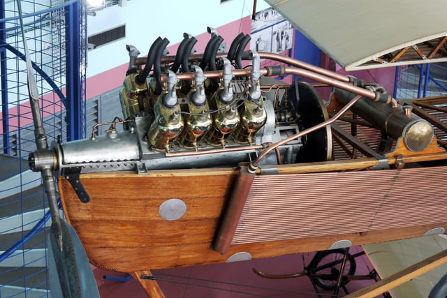 An Antoinette mechanically fuel-injected V8 aviation engine of 1909, mounted in a preserved Antoinette VII monoplane aircraft.