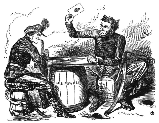 "Abe Lincoln's Last Card; Or, Rouge-et-Noir (Red and Black)"; Punch, Volume 43, October 18, 1862, p. 161.— a cartoon by the Englishman John Tenniel, after the London Times stated that Lincoln had played his "last card" in issuing the Proclamation. Lincoln's hair is in points, suggesting horns. The cartoon was often reprinted in the Copperhead press.