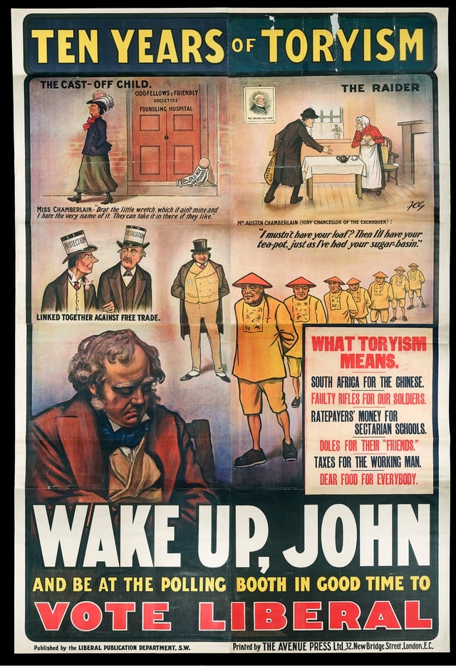Liberal poster c. 1905–1910, clockwise from the left: Joseph Chamberlain abandons his commitment to old age pensions; Chancellor Austen Chamberlain threatens duties on consumer items which had been removed by Gladstone (in the picture on the wall); Chinese indentured labour in South Africa; John Bull contemplates his vote; and Joseph Chamberlain and Arthur Balfour (who favoured retaliatory tariffs) wearing top hats