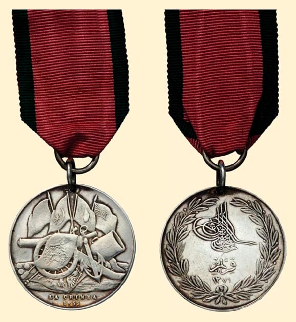 The Crimean War medal issued by Abdulmejid to British, French and Sardinian allied personnel involved in the Crimean War (Sardinian issue)