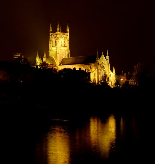 Worcester Cathedral at night.