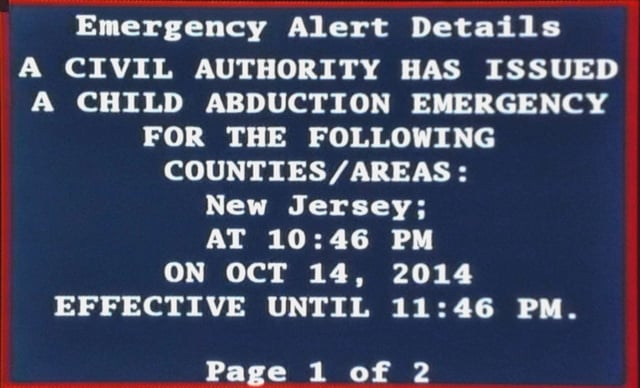 AMBER Alert displayed on cable TV by the Emergency Alert System.  Generated via a R189 One-Net EAS device used by a NJ cable system.