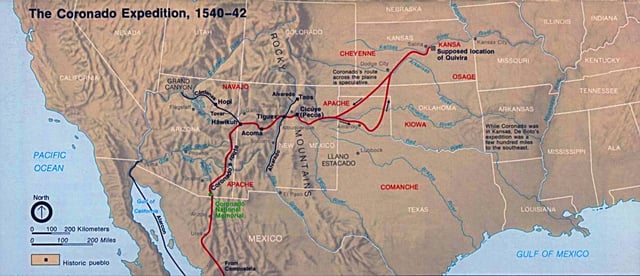The Coronado Expedition (1540–1542) from Mexico north to the future southwestern United States and east through the modern states of Arizona, New Mexico, Texas, Colorado, Oklahoma, Kansas, Missouri, Arkansas