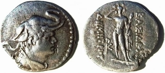 An obol of the Greco-Bactrian king Demetrius, 12 mm in diameter.