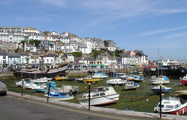 The inner harbour, Brixham, south Devon, at low tide.