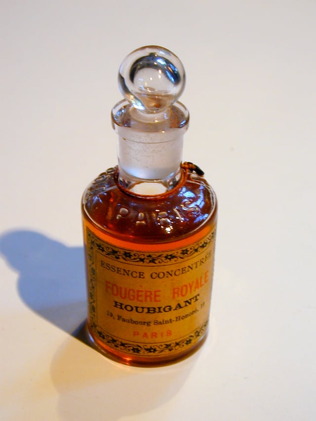 An original bottle of Fougère Royale by Houbigant. Created by Paul Parquet in 1884, it is one of the most important modern perfumes and inspired the eponymous Fougère class of fragrances.
