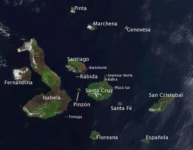 Satellite photo of the Galápagos islands overlaid with the names of the visible main islands.