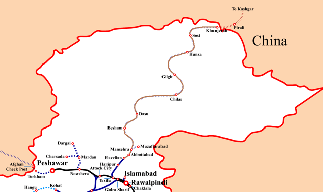 The proposed route of the Khunjerab Railway is indicated by the brown line.