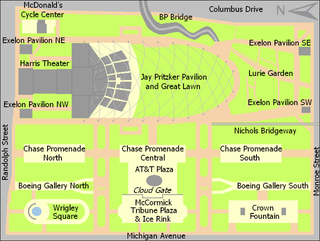Image map of Millennium Park; east is at the top. Each feature or label is linked.