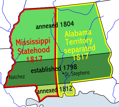 Map showing the formation of the Mississippi and Alabama territories
