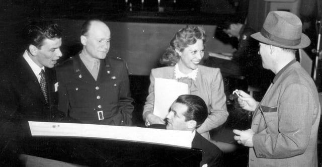Sinatra (left) on the Armed Forces Radio in 1944