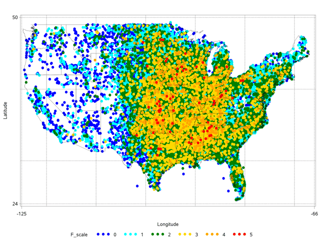 All tornadoes in the Contiguous United States, 1950–2013, plotted by midpoint, highest F-scale on top, Alaska and Hawaii negligible, source NOAA Storm Prediction Center.