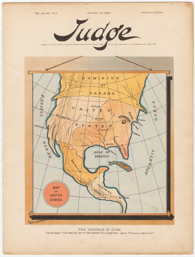 A satirical map, titled "The trouble of Cuba" (1895) by Bernhard Gillam, reflecting the American sentiment towards Cuba, three years before the beginning of the Spanish–American War.