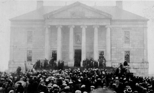 People in front of Colonial Building protesting economic conditions, 1932. In the next year, the government of Newfoundland collapsed, and the British government resumed direct control over Newfoundland.