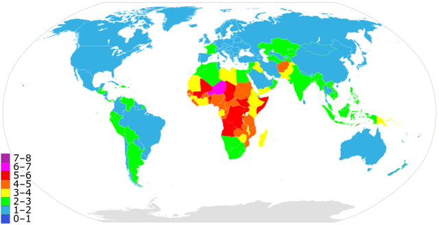 Map of countries and territories by fertility rate as of 2018