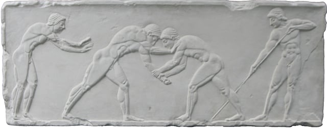 Wrestlers take centre stage on an Ancient Greek relief of the pentathlon, 500 BC.