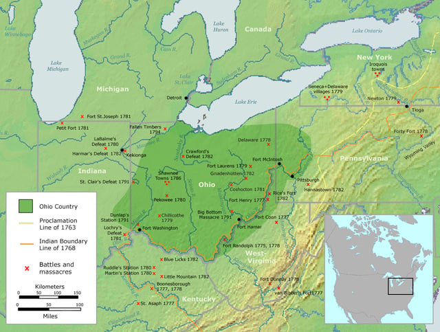 Map of the Ohio Country between 1775–1794 depicting locations of battles and massacres surrounding the area that would eventually become Ohio.