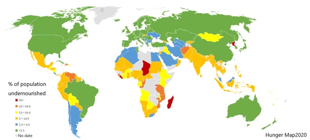 Percentage of population affected by undernutrition by country in 2012