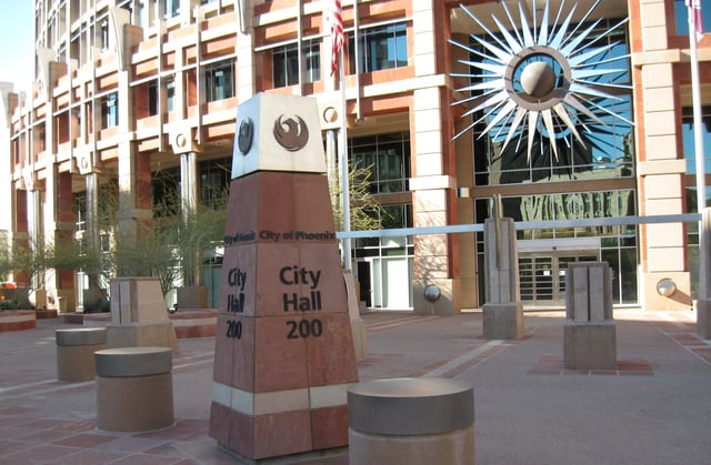 Phoenix City Hall, showing the city's logo, the phoenix bird